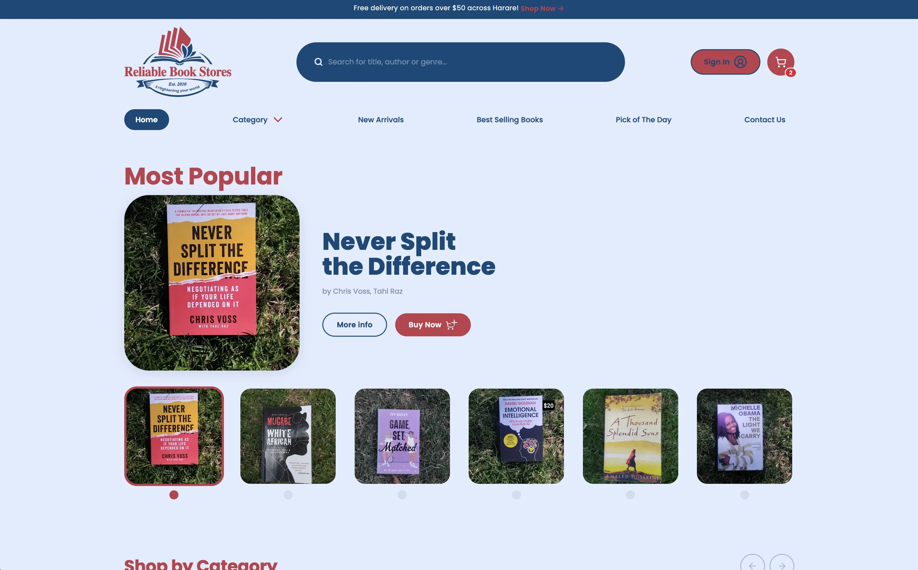 Reliable Book Stores — Online bookstore homepage with featured book carousel, shop-by-category navigation, and shopping cart